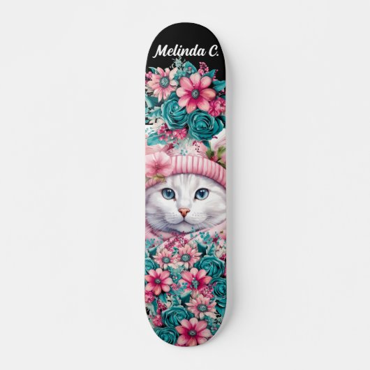 Meisje Blauwgroen & Roze Bloemen Kerstmis Kitten Persoonlijk Skateboard (Voorkant)