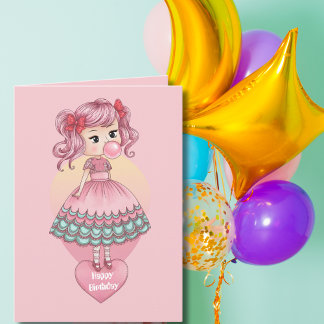 Meisje blazen roze bubbel kauwgom bubbel, verjaard kaart