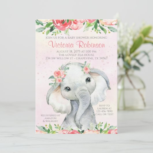 Meisje Bloem Olifant Baby Shower Kaart (Staand voorkant)