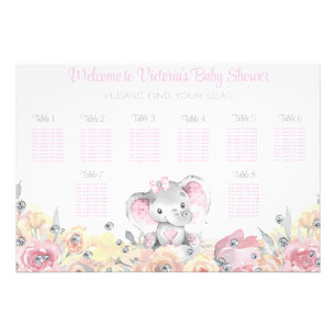 Meisje Bloem Olifant Baby Shower Zitplaatskaart Foto Afdruk