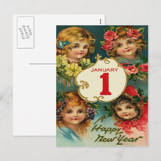 Meisje Bloemen Jan 1 Nieuwjaar Feestdagenkaart (Voorkant / Achterkant)