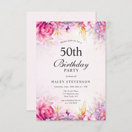 Meisje Bloemen Pastel Waterverf Chic 50ste Verjaar Kaart (Voorkant / Achterkant)