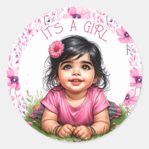 Meisje Bloemen Roze Baby shower   Het is een meisj Ronde Sticker