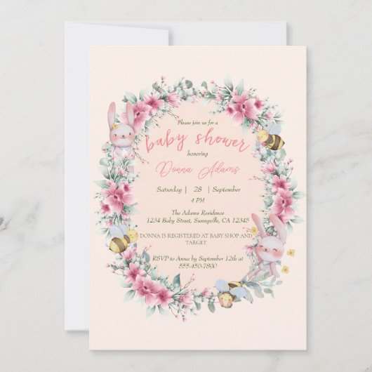 Meisje Bloemen Roze Schattige Bunny Baby shower Kaart (Voorkant)