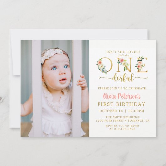 Meisje Bloemig Is ze niet Onederful 1e Verjaardags Kaart (Voorkant)