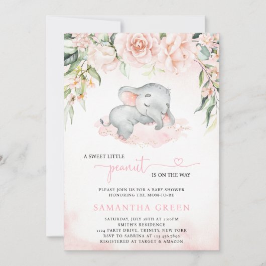 Meisje Bloost Olifant Baby Shower Uitnodiging (Voorkant)