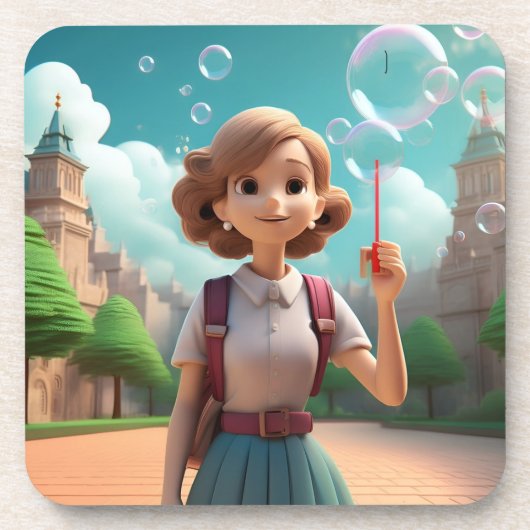 Meisje Blowing Bubbles Clouds Onderzetter Set (Voorkant)