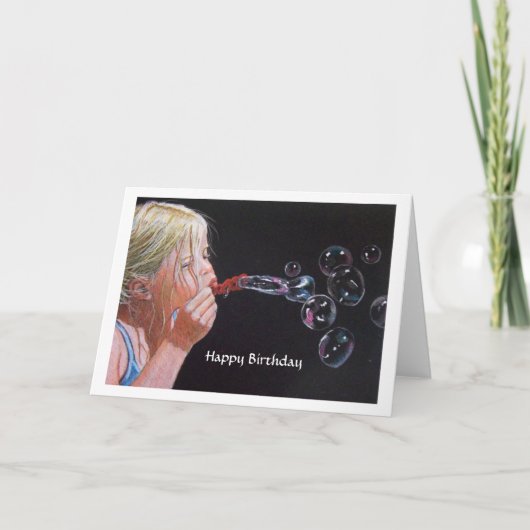 Meisje Blowing Bubbles: Originele kleur potlood ku Kaart (Voorkant)