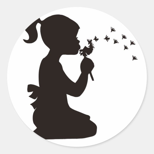 Meisje Blowing op Paardebloem silhouet Ronde Sticker (Voorkant)
