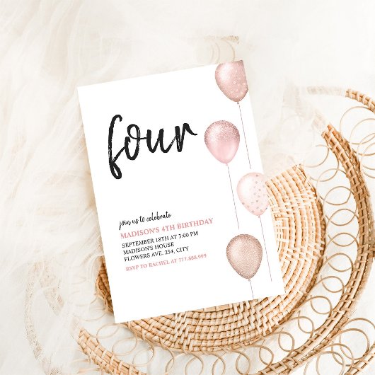 Meisje Blush Roze Ballonnen Eenvoudige 4e Verjaard Kaart