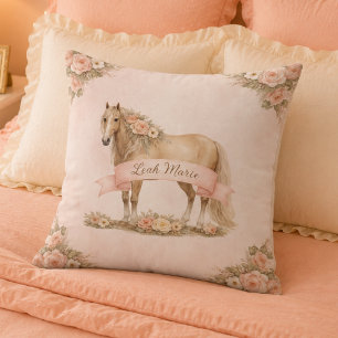 Meisje Blush Roze Bloemige Paard Roos Monogram Naa Kussen