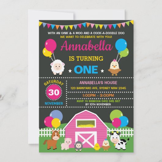 Meisje Boerderij Barnyard Animals Roze Verjaardags Kaart (Voorkant)