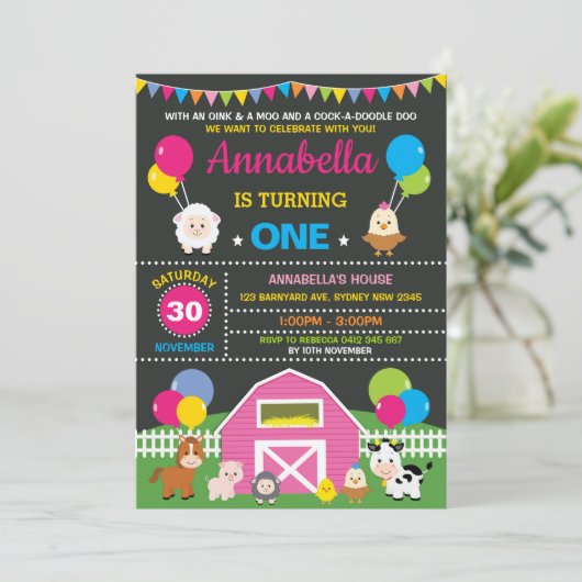Meisje Boerderij Barnyard Animals Roze Verjaardags Kaart (Staand voorkant)
