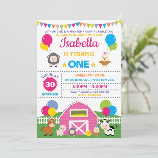 Meisje Boerderij Barnyard Verjaardagsfeest Roze Pe Kaart (Staand voorkant)