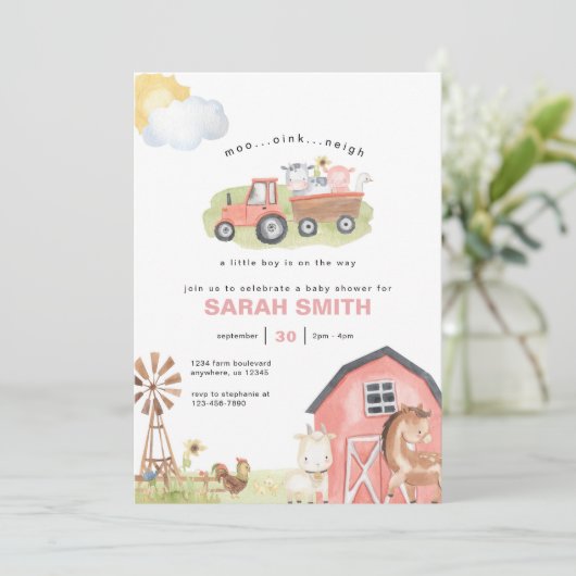 Meisje Boerderij Dieren Baby shower Uitnodiging (Staand voorkant)