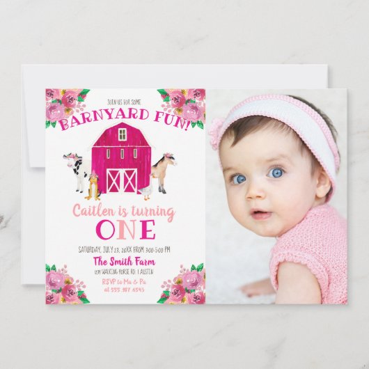 Meisje Boerderij Roze Barnyard Verjaardag Bash Koe Kaart (Voorkant)