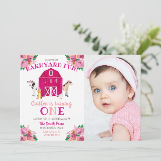 Meisje Boerderij Roze Barnyard Verjaardag Bash Koe Kaart (Staand voorkant)