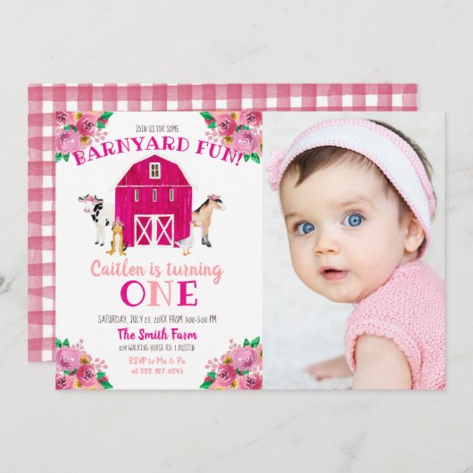 Meisje Boerderij Roze Barnyard Verjaardag Bash Koe Kaart (Voorkant / Achterkant)