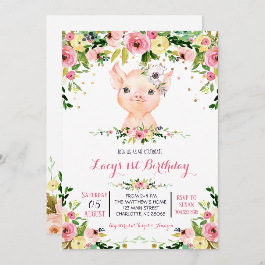 Meisje boerderij Varken verjaardagsuitnodiging Kaart (Voorkant / Achterkant)