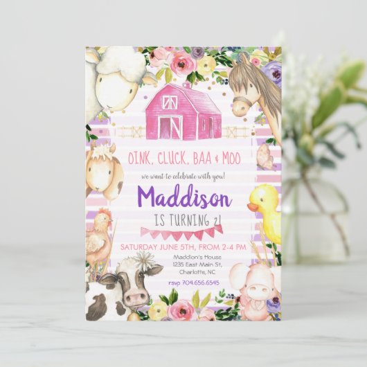 Meisje Boerderij Verjaardag Uitnodiging roze en pa (Staand voorkant)