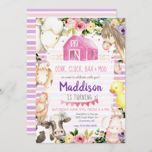 Meisje Boerderij Verjaardag Uitnodiging roze en pa (Voorkant / Achterkant)
