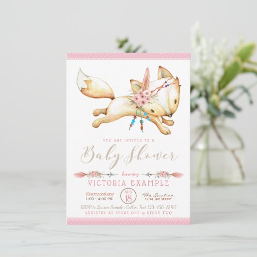Meisje Boho Fox Baby Shower Uitnodigingen (Staand voorkant)