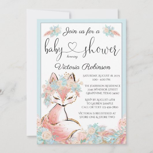 Meisje Boho Fox Roze Blauwgroen Goud Baby shower Kaart (Voorkant)