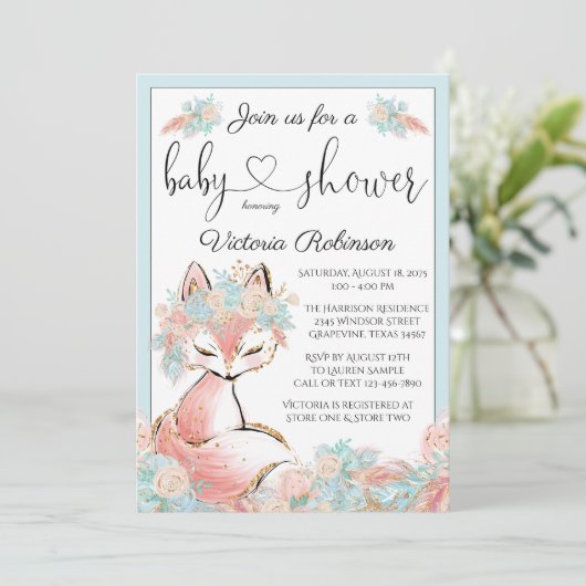 Meisje Boho Fox Roze Blauwgroen Goud Baby shower Kaart (Staand voorkant)
