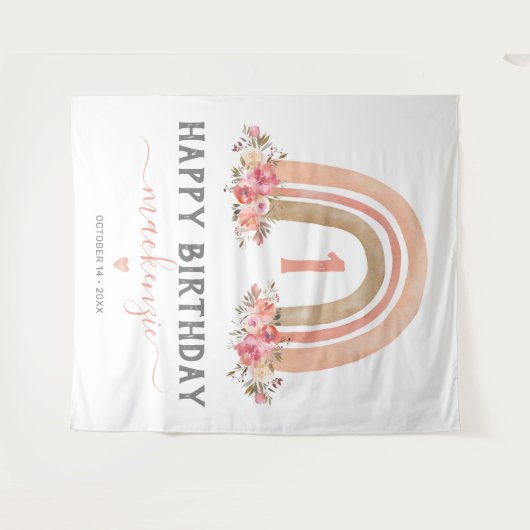 Meisje Boho Regenboog Eerste Verjaardag Tapijt Wandkleed (Voorkant (horizontaal))