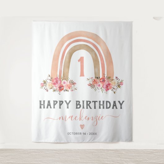 Meisje Boho Regenboog Eerste Verjaardag Tapijt Wandkleed (Voorkant)