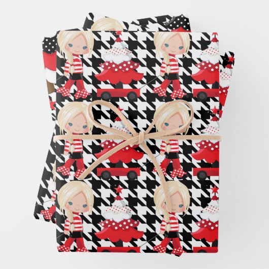 Meisje Boom/Rode Wagon Plaid Kerst Wrapping Papier Inpakpapier Vel (In situ)