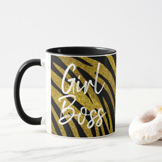 Meisje Boss Zebra Stripes & Faux Gouden Glitter Mok (Met donut)