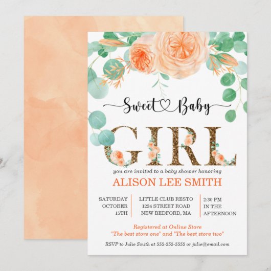 Meisje Botanisch blauwgroen en oranje Baby shower (Voorkant / Achterkant)