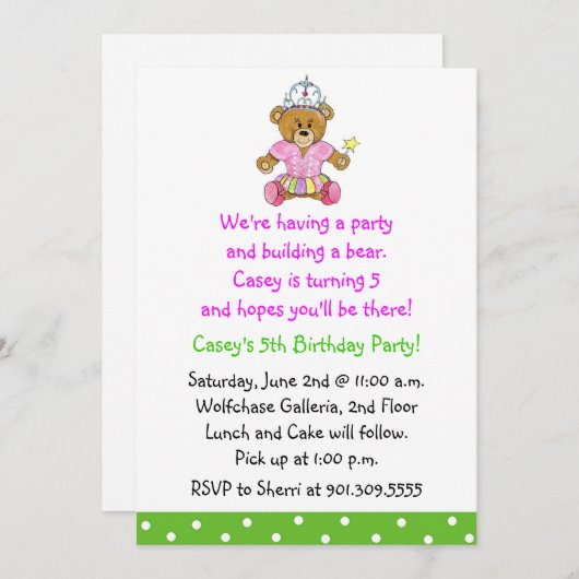 Meisje bouwt een Beer uitnodiging (Voorkant / Achterkant)