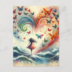 Meisje boven oceaangolven met vlinders briefkaart
