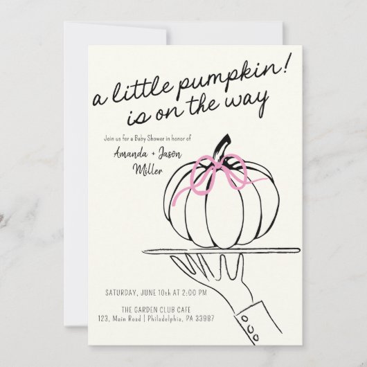 Meisje Bow Herfst Baby shower Pompoenen hand getek Save The Date (Voorkant)