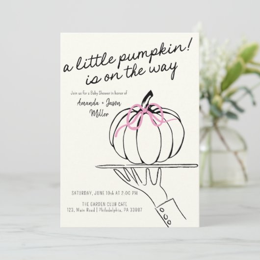 Meisje Bow Herfst Baby shower Pompoenen hand getek Save The Date (Staand voorkant)