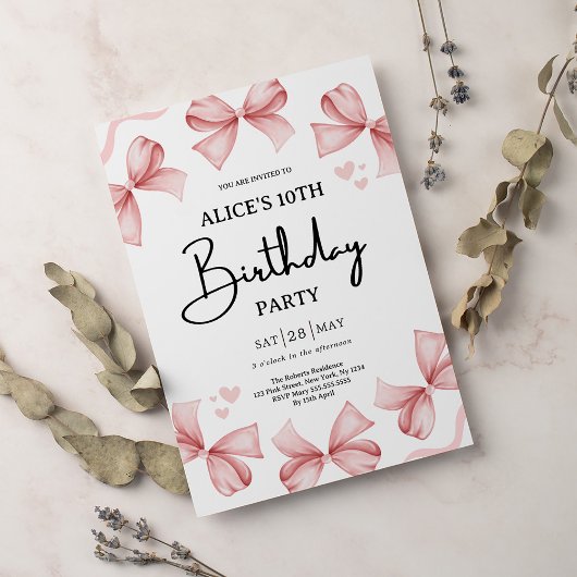 Meisje Bow Roze Verjaardag Party Uitnodiging