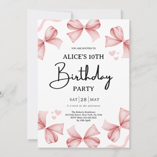 Meisje Bow Roze Verjaardag Party Uitnodiging (Voorkant)