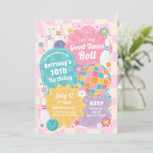 Meisje Bowling verjaardagsfeestje roze retro uitno Kaart (Staand voorkant)