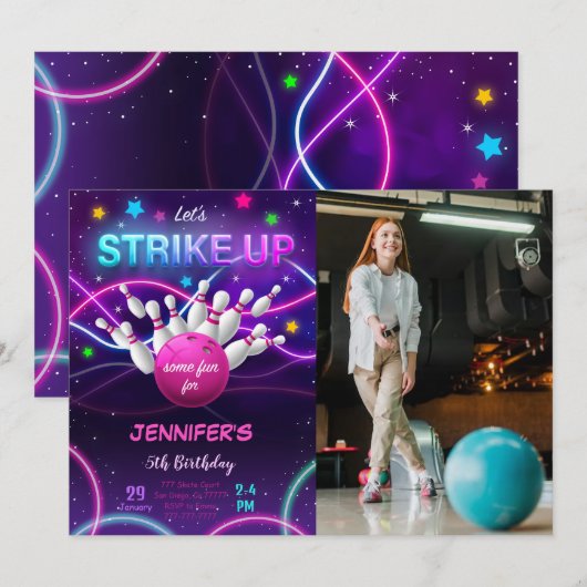 Meisje Bowling Verjaardagsfoto Uitnodiging (Voorkant / Achterkant)