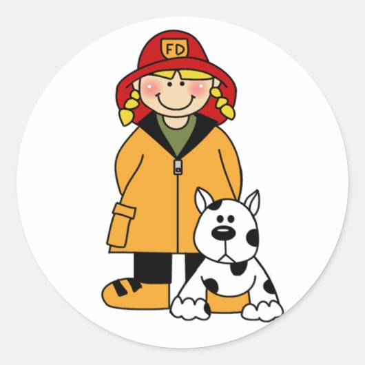 Meisje Brandweerman met Dalmatie Ronde Sticker (Voorkant)