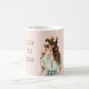 Meisje Bruin Haar Perzik Strik Ijsje Koffiemok