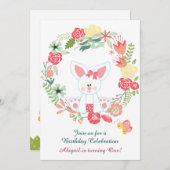 Meisje Bunny en Krans 1e verjaardag Uitnodiging (Voorkant / Achterkant)