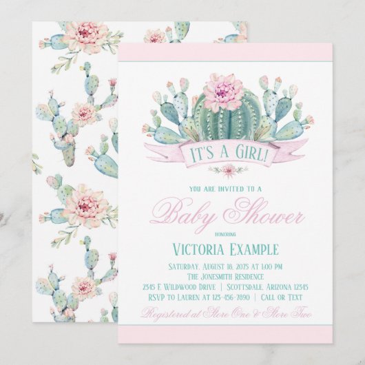 Meisje Cactus Baby Shower Uitnodigingen (Voorkant / Achterkant)