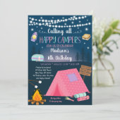 Meisje Camping S'mores Sleepover Verjaardag Kaart (Staand voorkant)