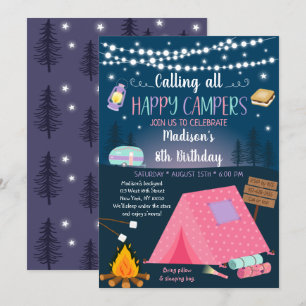 Meisje Camping S'mores Sleepover Verjaardag Kaart
