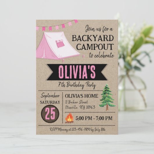 Meisje Campout Verjaardag Uitnodiging Achtertuin C (Staand voorkant)