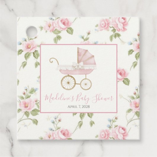 Meisje Carriage Pink Floral & Gingham Bedankjes Labels (Voorkant)