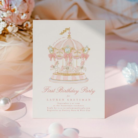 Meisje Carrousel Sprookjesbogen Roze Verjaardagsfe Kaart